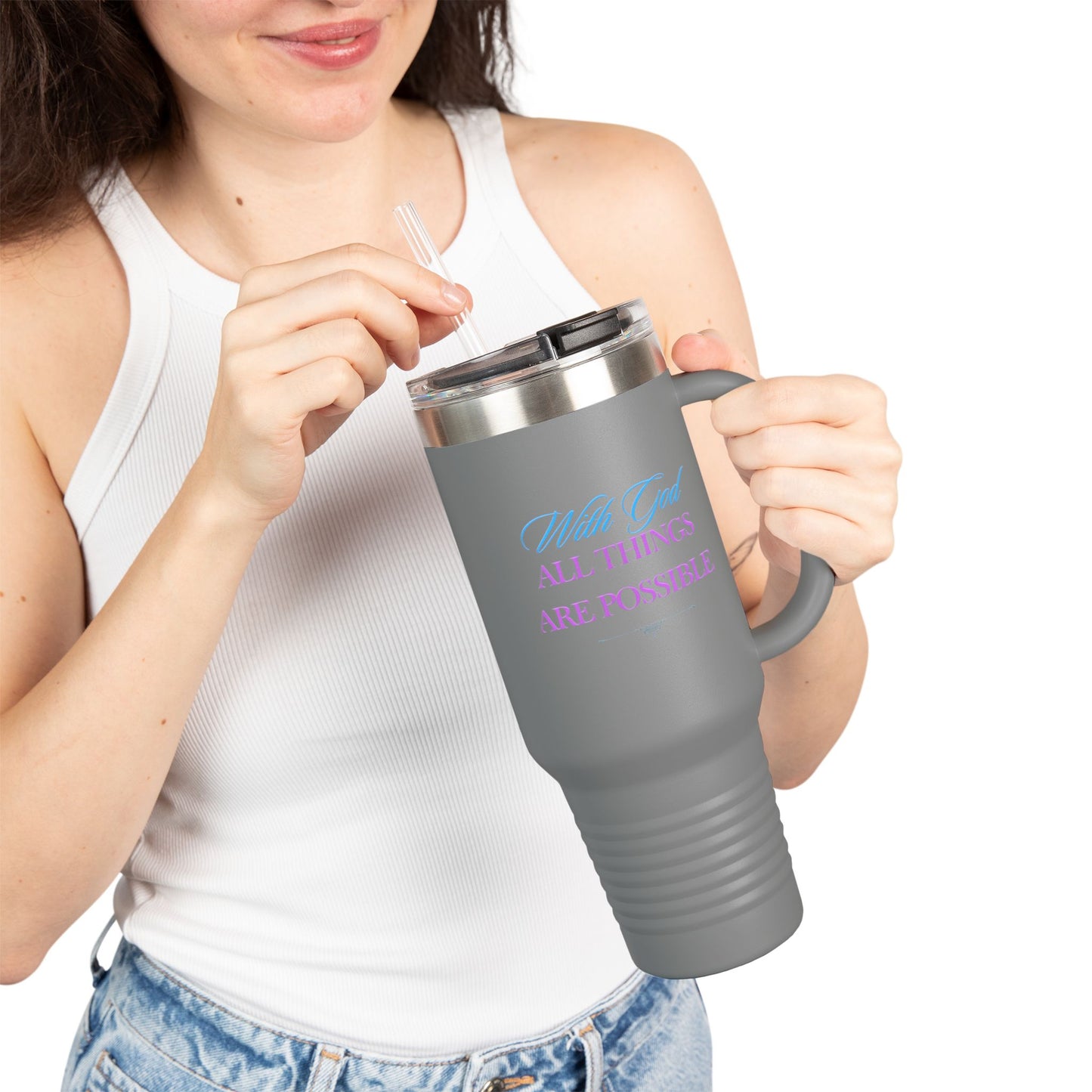 Christian Message Insulated Travel Mug, 40oz - With God All Things Are Possible