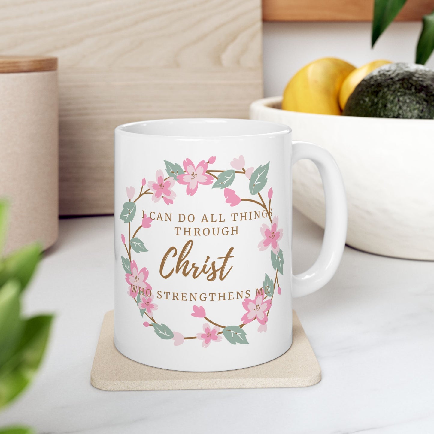 Inspirational Christian Mug with Floral Print - Ceramic Mug
