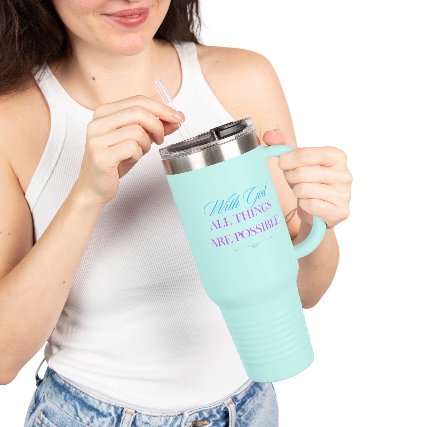 Christian Message Insulated Travel Mug, 40oz - With God All Things Are Possible